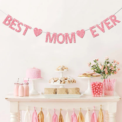 Glitter “Best Mom Ever” Banner – Heart Garland for Mother’s Day & Birthday Parties