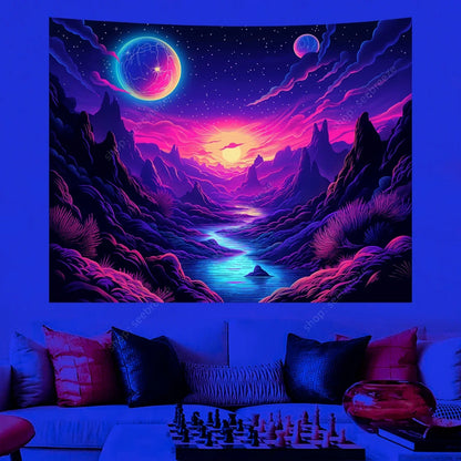 Galaxy Space Landscape UV Reactive Tapestry Trippy Planet Mountain River Neon Art Wall Tapestries for Bedroom Dorm Party Decor