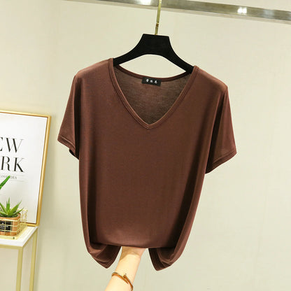 Summer women Modal V-Neck Tshirt Thin Bottoming T-shirts Plus size Loose tee tops Streetwear Basic Top