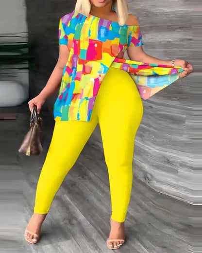 Women's Elegant Short-Sleeved Irregular Fashion Two-Piece Pants Suit Set