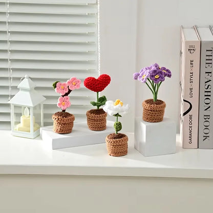 1/2/3/5Pcs Handmade Knitted Flower Pot Red Heart Shaped Knit Imitation Potted Plant for Mother‘s Day Girls Gifts Home Desktop De