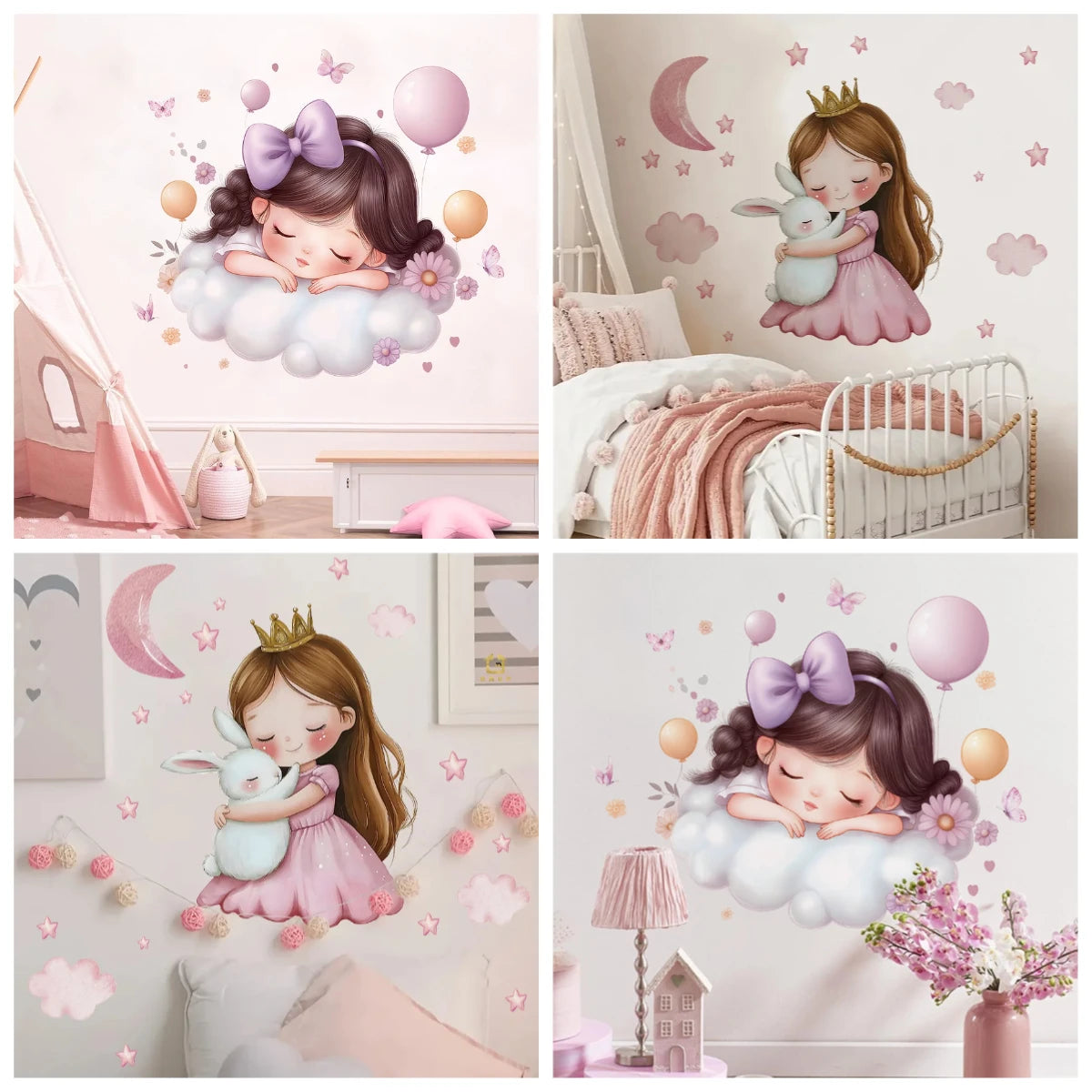 Cute Cartoon Girl Hugging Rabbit Wall Sticker Nursery Kids Room Decor Removable Self-Adhesive Home Art Decal