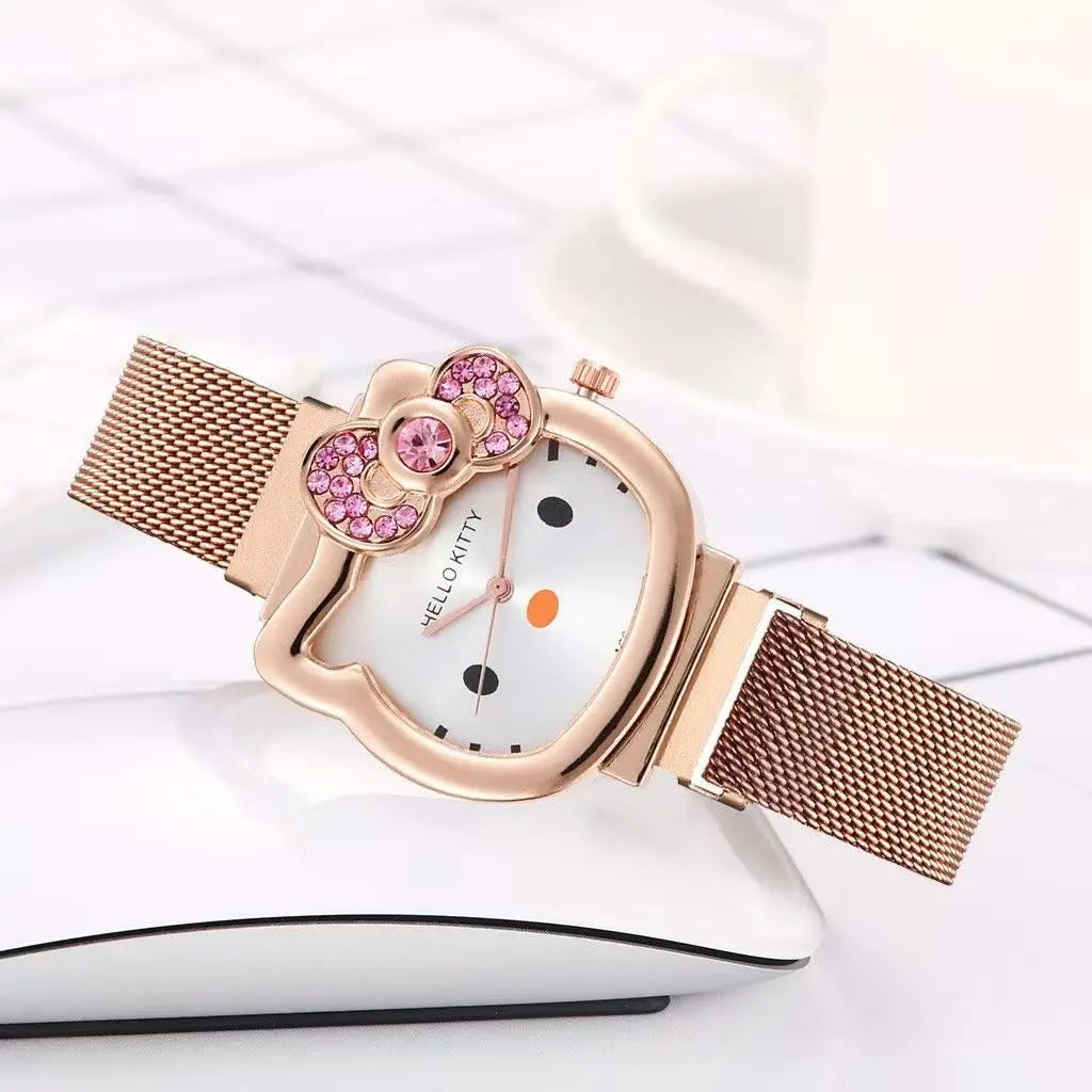 Anime Sanrio Hello Kitty Diamond Watch Kt Cat Kawaii Pink Ladies Gold Sliver Metal Jewelry Cartoon Magnetic Watch Birthday Gifts