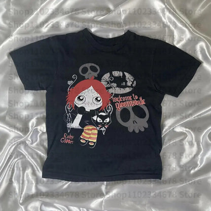 Harajuku Goth Short Sleeve Y2K Style Letter Print Fairy Grunge Summer E-girl White Crop Top Slim 2000s Star Streetwear T-shirts