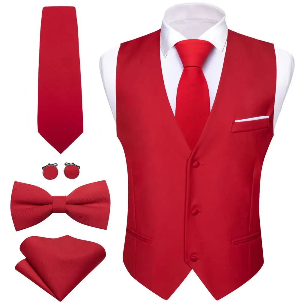 Designer Men's Vest Solid Silk Satin Waistcoat Tie Bowtie Hanky Set