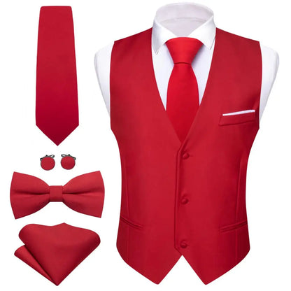 Designer Men's Vest Solid Silk Satin Waistcoat Tie Bowtie Hanky Set