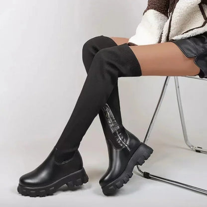 Women's Thick Sole Boots with Breathable Knitted Sock Design, Thigh-High Stretch, Round Toe Style, Available in Plus Size 43.
