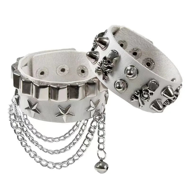2 Pieces of Fashionable Multi-Layered Leather Wide Bracelets, Personalized Domineering Skull Rivets, Punk Hip-Hop Bracelets and Jewelry