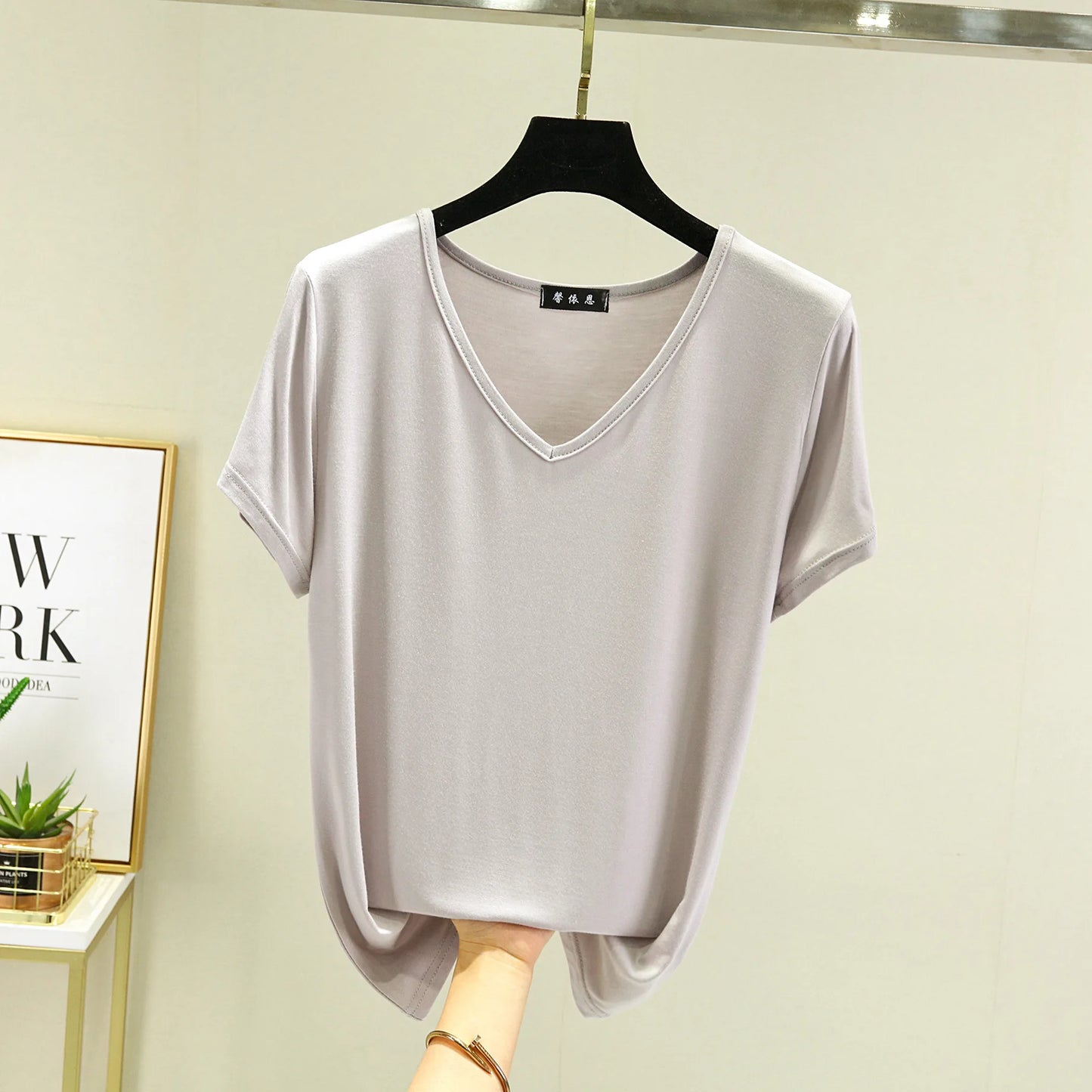 Summer women Modal V-Neck Tshirt Thin Bottoming T-shirts Plus size Loose tee tops Streetwear Basic Top