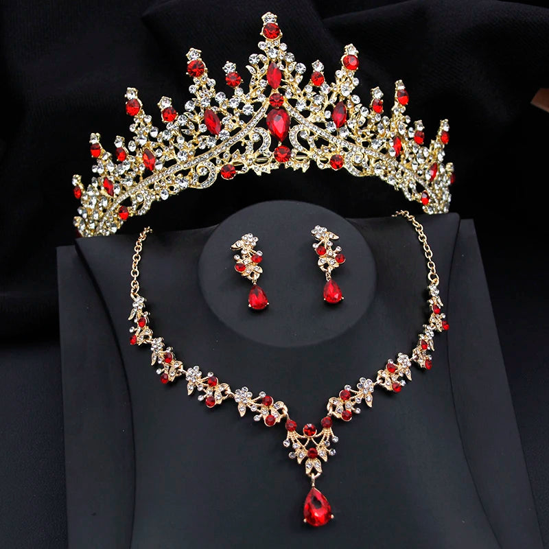 Luxury Silver Color Opal Water Drop Crown Bridal Rhinestone Tiaras and Necklace Earrings Jewelry Set