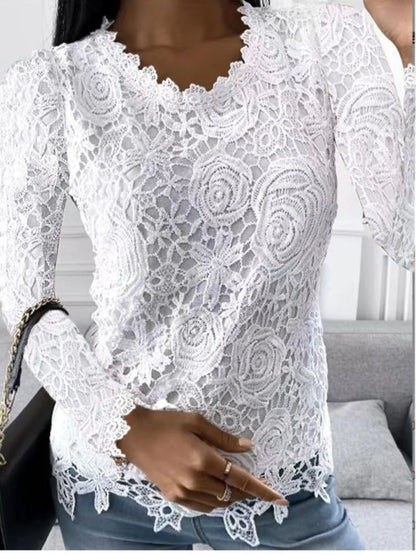 Women Lace Hollow T Shirt Top Fashion Round Neck Long Sleeve Office Lady Blouses Casual Vintage High Street Boho Tops All Season