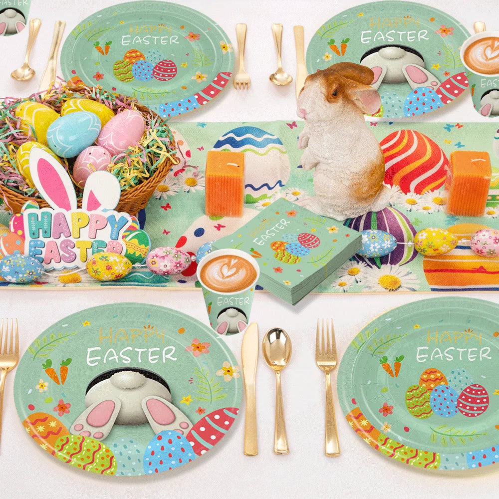 Happy Easter Party Decorations – Bunny & Egg Paper Plates with Cute White Rabbit and Carrot Foil Balloons, Kids Party Supplies & Favors
