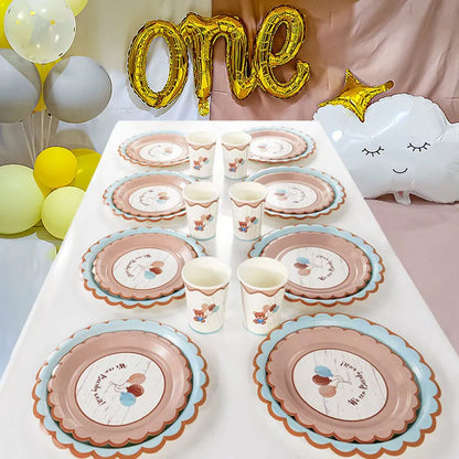 10Pcs Cute Bear Disposable Tableware Paper Plates Cups Gender Reveal Baby Shower Decoration Happy Birthday Party Supplies