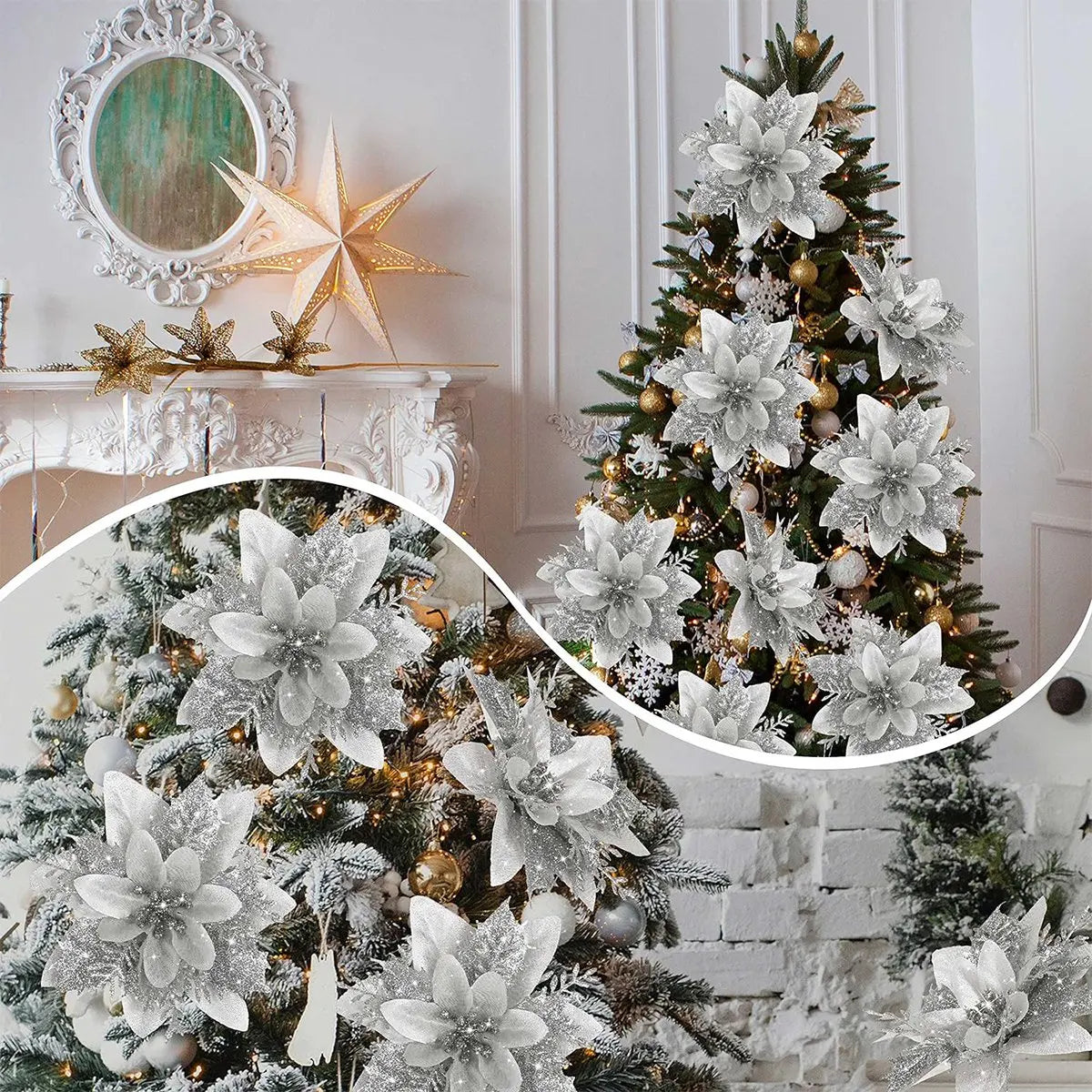 Christmas Glitter Artificial Flowers Tree Hanging Ornaments