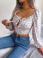 Women Casual Floral Print Lace Up Long Sleeve Crop Tops Chiffon Blouse