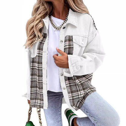 Women’s Long Sleeve Denim Jacket – Punk Plaid Print Button‑Up Irregular Shirt Jacket