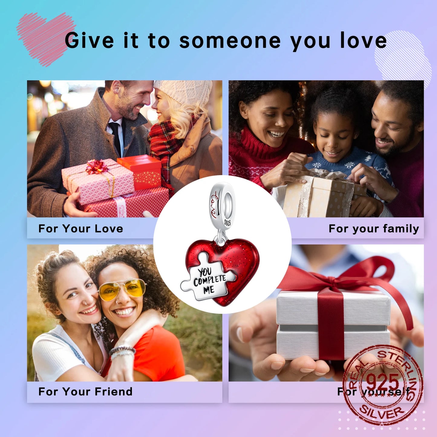 925 Sterling Silver Unique Red Puzzle Heart Dangle Charm Valentine's Day Pendant Fit Original Bracelets Women DIY Jewelry Gift