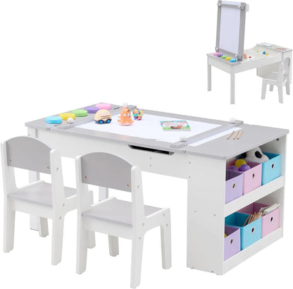 3 In 1 Kids Art Table & Easel Set With 2 Chairs, Wooden Children Activity Table And Chair Set With 6 Storage Bins, Paper