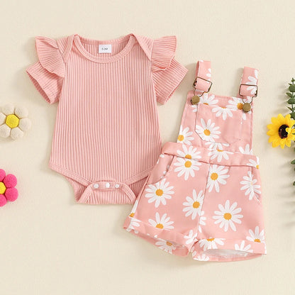 0-18months baby Girls summer Shorts  Set Short Sleeve Romper Flower Print Suspender Shorts Summer Outfit for  Toddler girls
