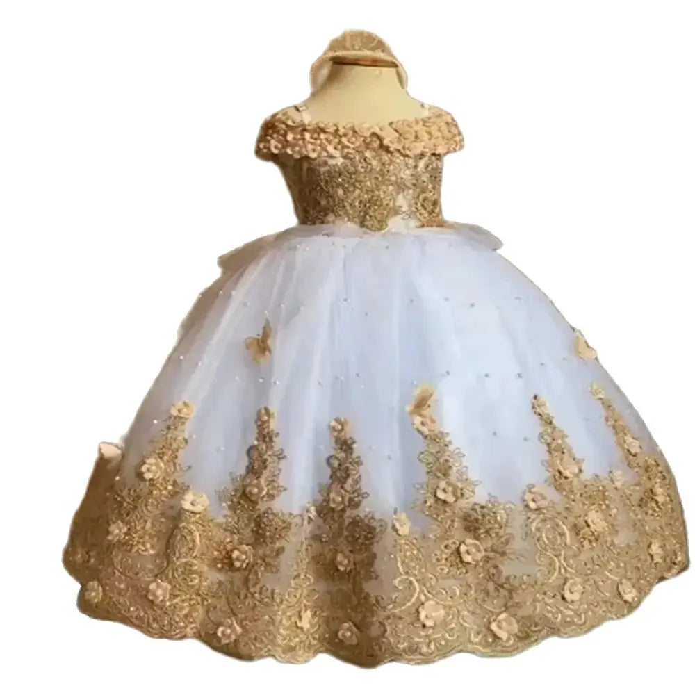 Baby Flower Girl Dresses Off-the-shoulder Pearls Gold appliqués Off Lace Butterflies Flower Princess Dress Infant First Birthday