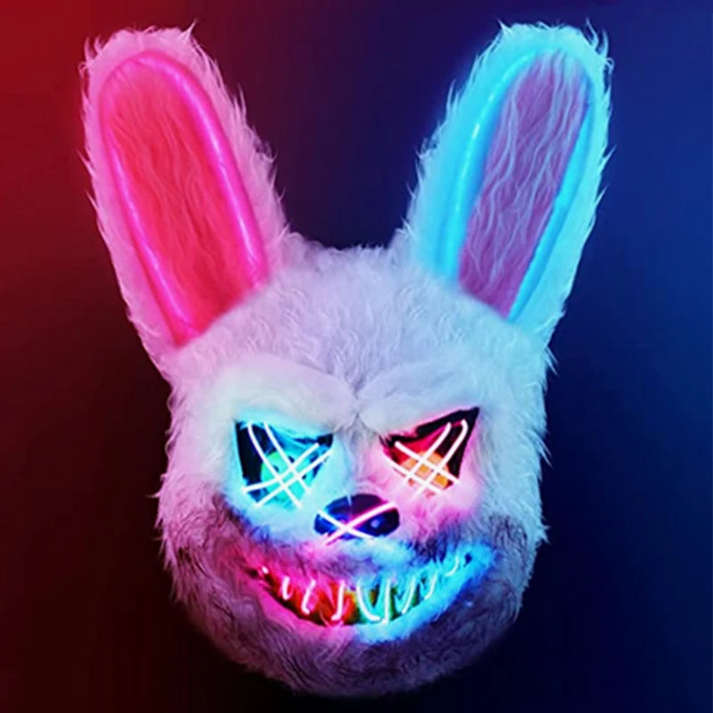 LED Glowing Cosplay Bloody Rabbit Mask Halloween Scary Killer Bloody Bunny Bear Headgear Carnival Masquerade Horror Costume Prop