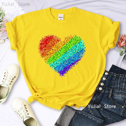 Rainbow Heart Print Lgbt T Shirt Summer Top Female T-Shirt Cute Girl Tumblr Clothes Tee Shirt Femme Streetwerar 90s 00s Tshirt