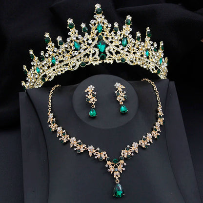 Luxury Silver Color Opal Water Drop Crown Bridal Rhinestone Tiaras and Necklace Earrings Jewelry Set