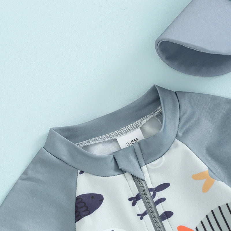 2024-01-04 Lioraitiin Toddler Baby Boys Swimwear Cartoon Fish Print Short Sleeve Swimsuit Zipper Bathing Suits with Swimming Hat