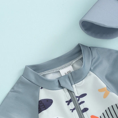 2024-01-04 Lioraitiin Toddler Baby Boys Swimwear Cartoon Fish Print Short Sleeve Swimsuit Zipper Bathing Suits with Swimming Hat