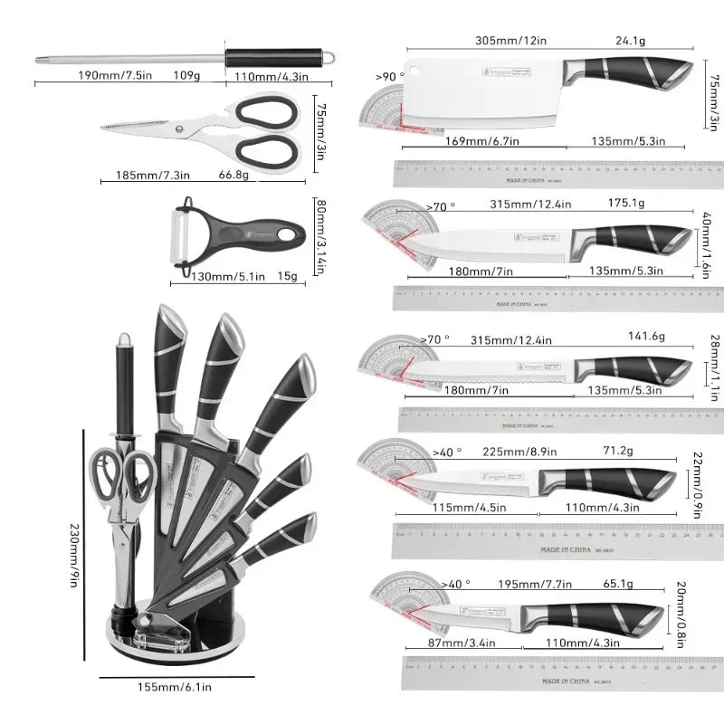 9‑Piece Stainless Steel Kitchen Knife Set – Sharp Non‑Stick Coated Chef Knives with Sharpener