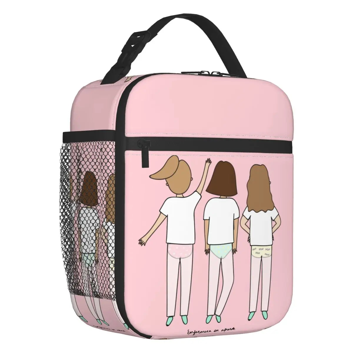 Custom cartoon-printed lunch bag featuring ladies, nurses, and doctors. Thermal insulated, reusable, and multifunctional, perfect for kids' food bento boxes.