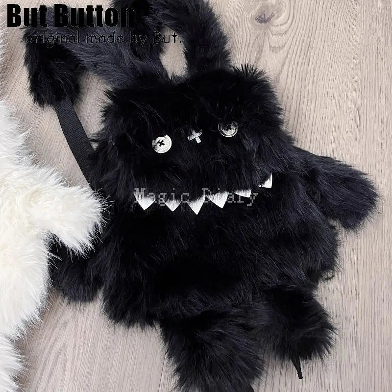 Gothic Y2K Plush Monster Backpack with Button Eyes – Dark Fashion School Bag