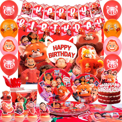 Turning Red Party Supplies – 113‑Piece Decoration Set (Plates, Tablecloth, Balloons & More)