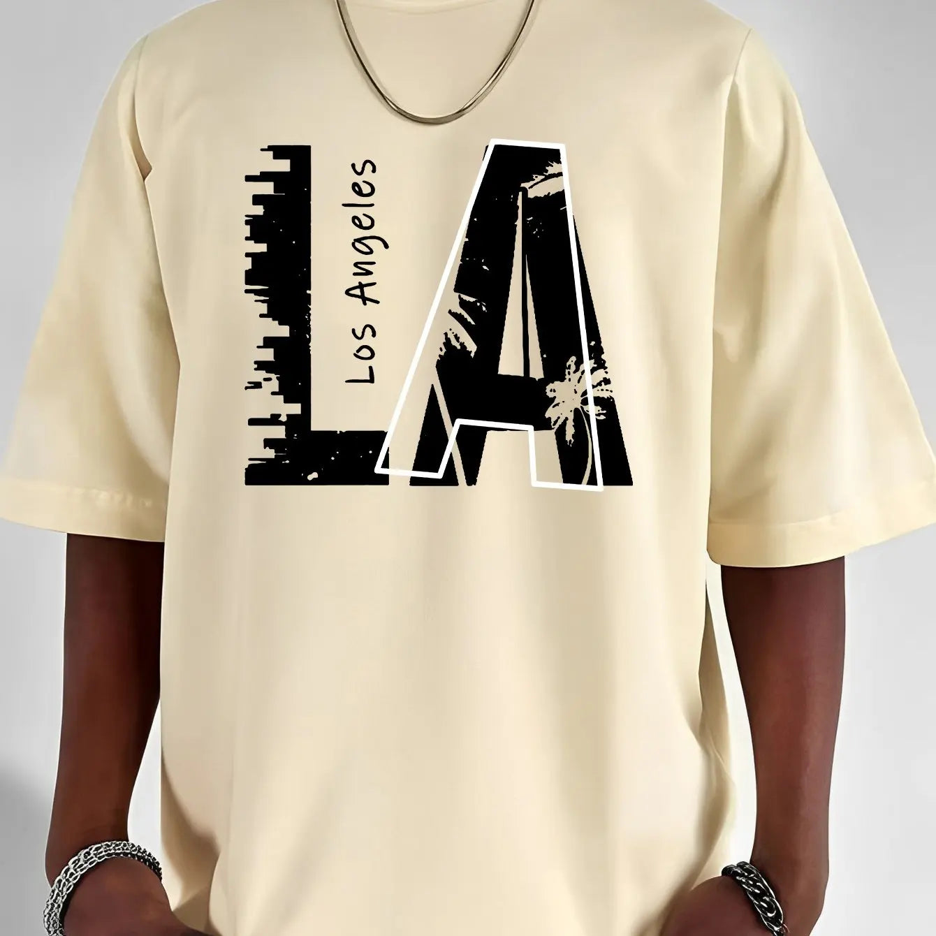 Men's summer 100 cotton fashionable casual loose plus size Los Angeles letter printed sports round neck short sleeved T-shirt