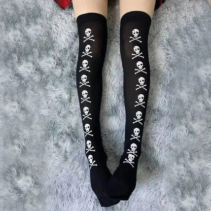 Gothic Skull Bat Spider Thigh‑High Stockings – Harajuku Emo Alternative Sexy Tights with Garters