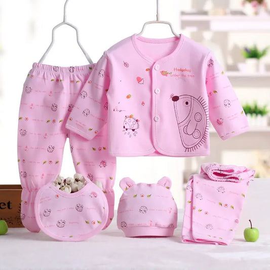 5pcs/set Newborn Baby Suit Set Top 2 Pants Hat Bibs Clothing Set Boy Girl  0-3 M