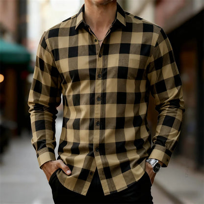 Men's classic red and black plaid long-sleeved shirt casual retro