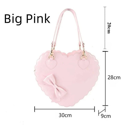 PU Heart Lolita Shoulder Bag – Bowknot Decor Japanese Shell Purse in Two Sizes, Cute Pink Messenger Bag