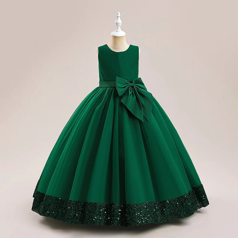Girls Fluffy Sequin Bridesmaid Princess Elegant Bow Wedding Prom Evening Party Dresses