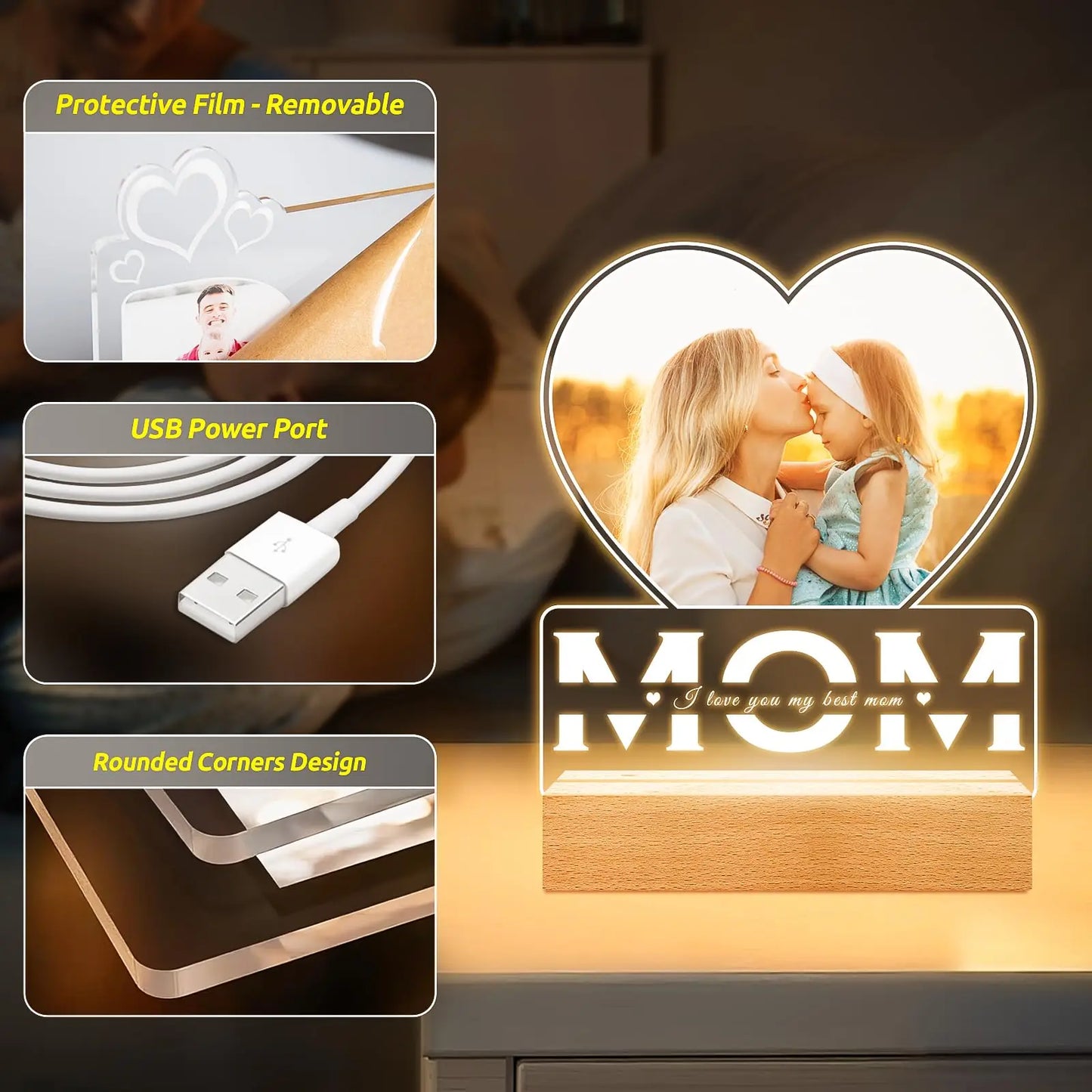 Personalized Mothers Day Gifts for Mom/Dad/Baby/Family Birthday Custom LOVE Picture Frame With Photos Night Light Acrylic Plaque
