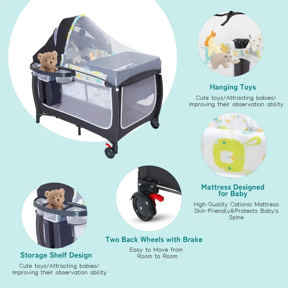 Foldable Baby Playpen Portable Crib with Adjustable Canopy Music Box and Changing Table for Newborn Infant Toddler Travel