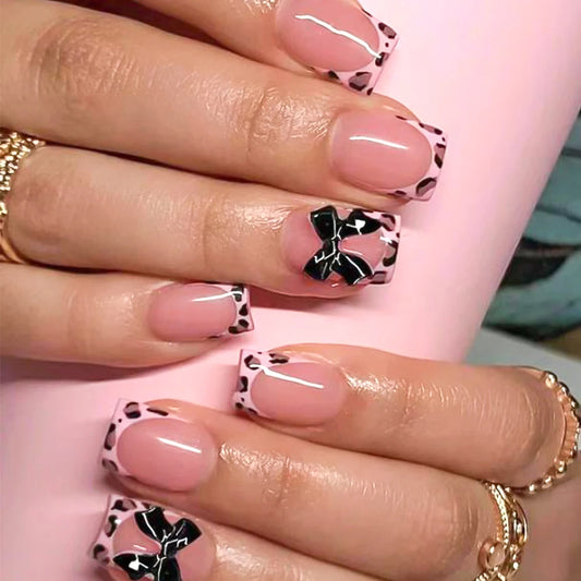 24Pcs Pink Leopard Print French Tips False Nails Short Square Head 3D Black Bowknot Fake Nails Acrylic Full Cover Press on Nails