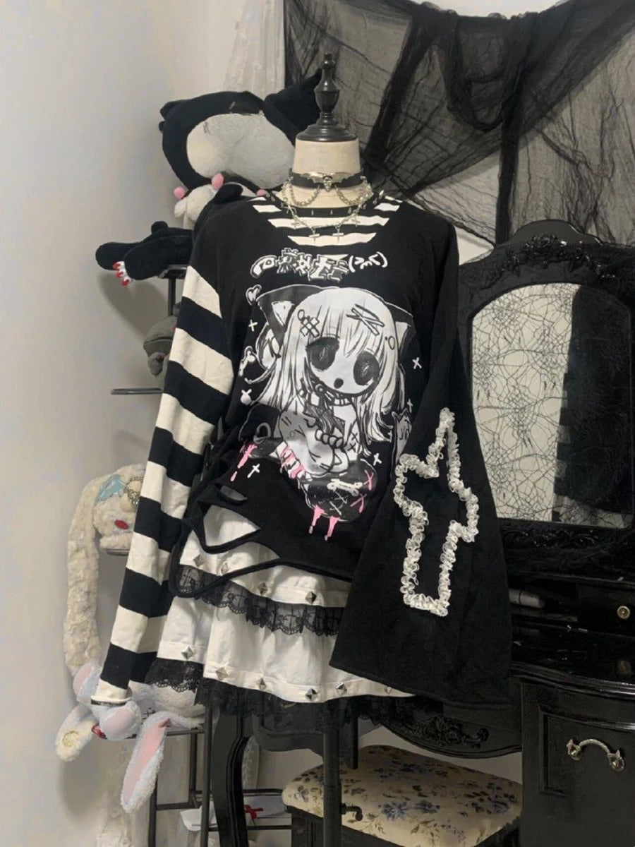 Subculture T Shirts Y2K Clothing Tees for Women  Gothic Punk Harajuku Gothic Unique T-shirts Fashion Japanese Kawaii Long Sleeve