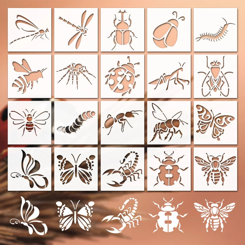 20‑Piece Insect Series Stencil Set – Reusable Hollow‑Out Dragonfly, Bee & Insect Pattern Templates for DIY Painting and Craft Projects