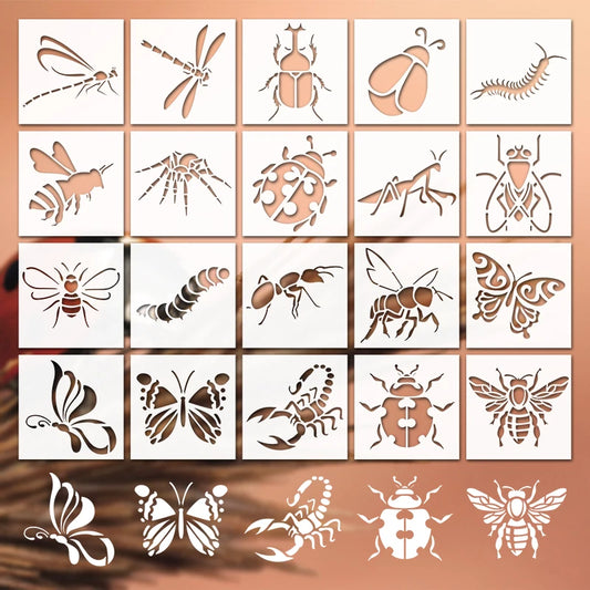 20‑Piece Insect Series Stencil Set – Reusable Hollow‑Out Dragonfly, Bee & Insect Pattern Templates for DIY Painting and Craft Projects