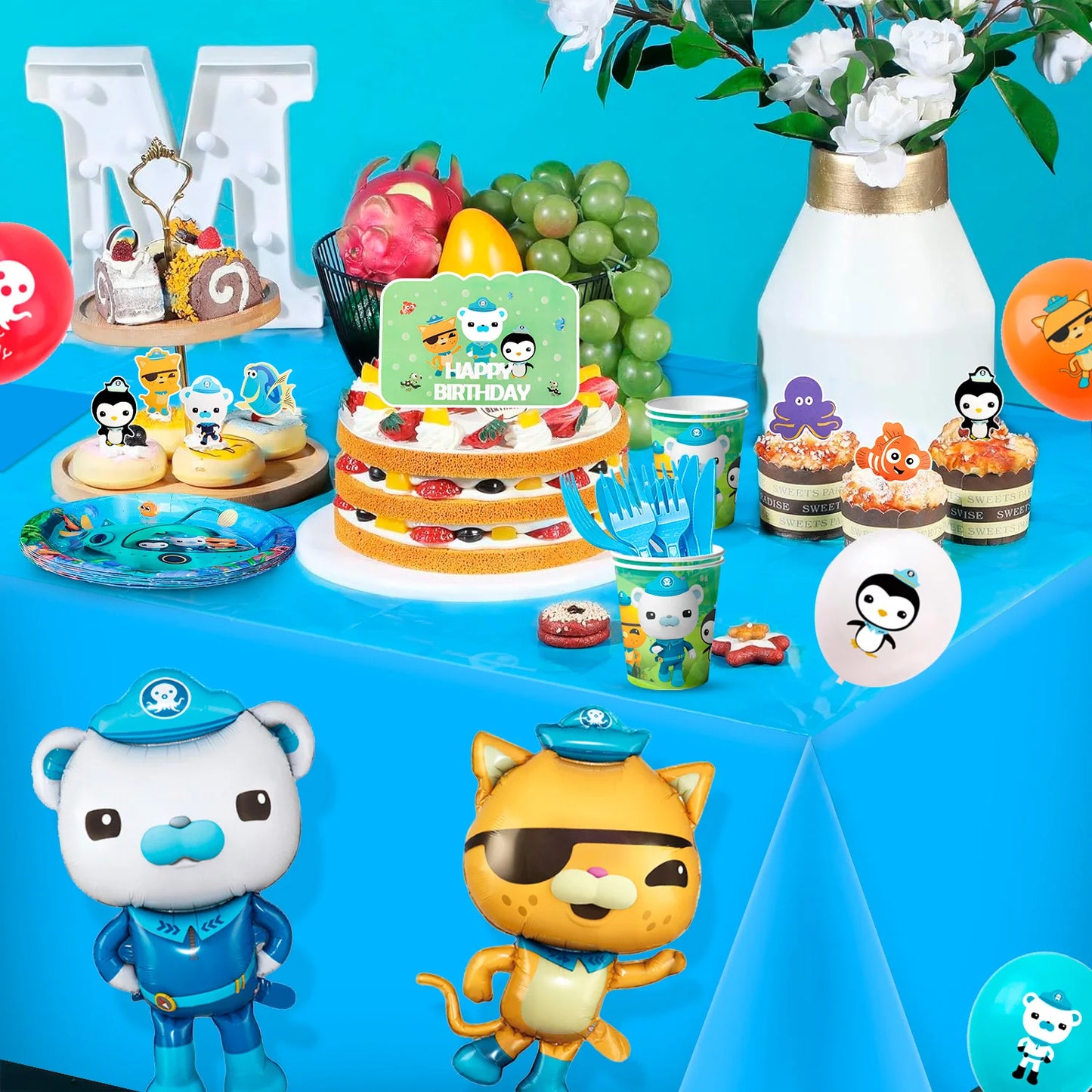 114‑Pcs Octonauts Party Kit – Plates, Napkins, Tablecloth, Balloons & More