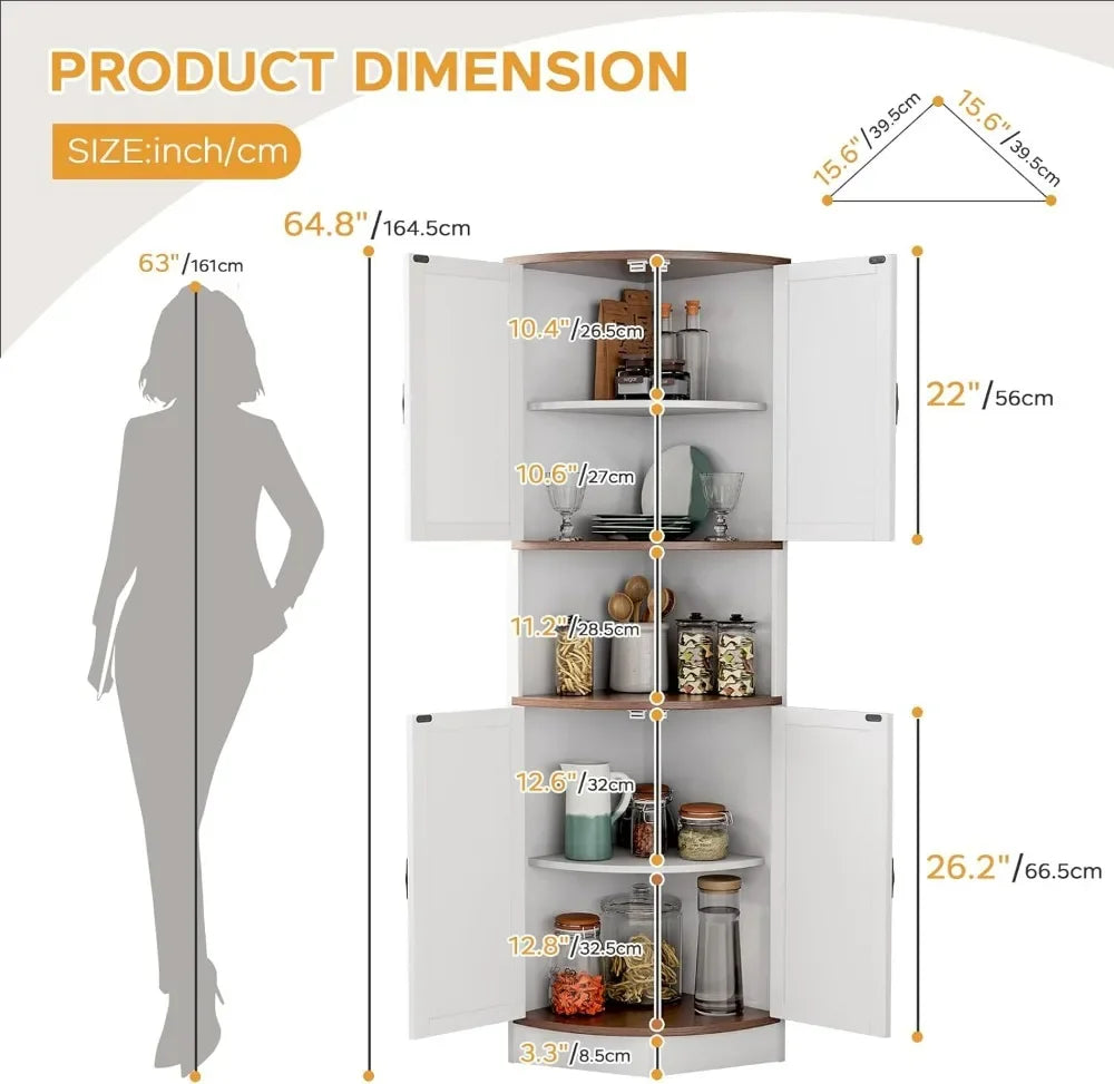 64.8" Farmhouse Corner Cabinet with Barn Doors, 5 Shelves for Kitchen Living Room Storage White