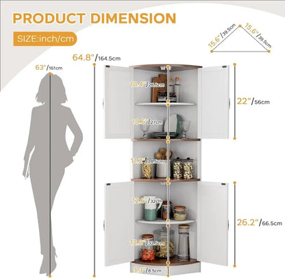 64.8" Farmhouse Corner Cabinet with Barn Doors, 5 Shelves for Kitchen Living Room Storage White