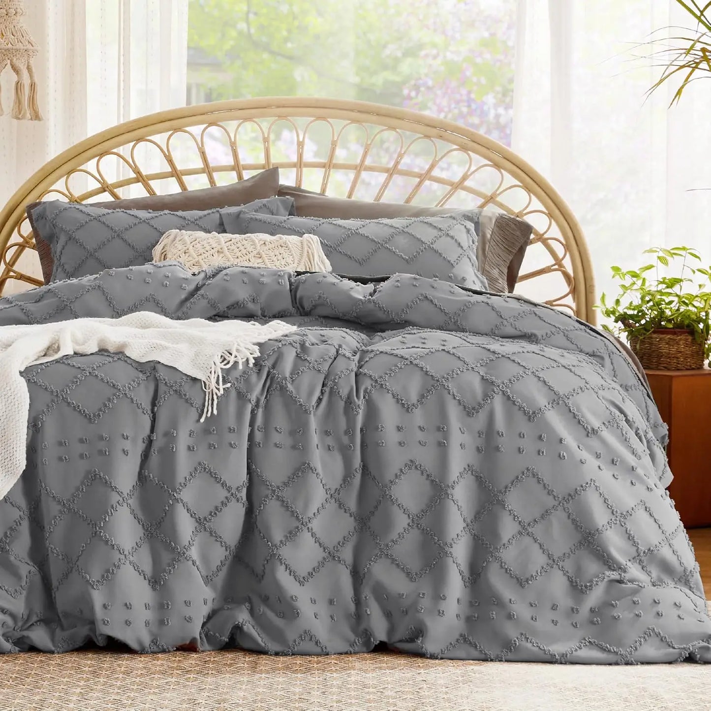 Duvet Cover Queen - Boho Bedding, Tufted Queen Duvet Cover- 3 Pieces Embroidery