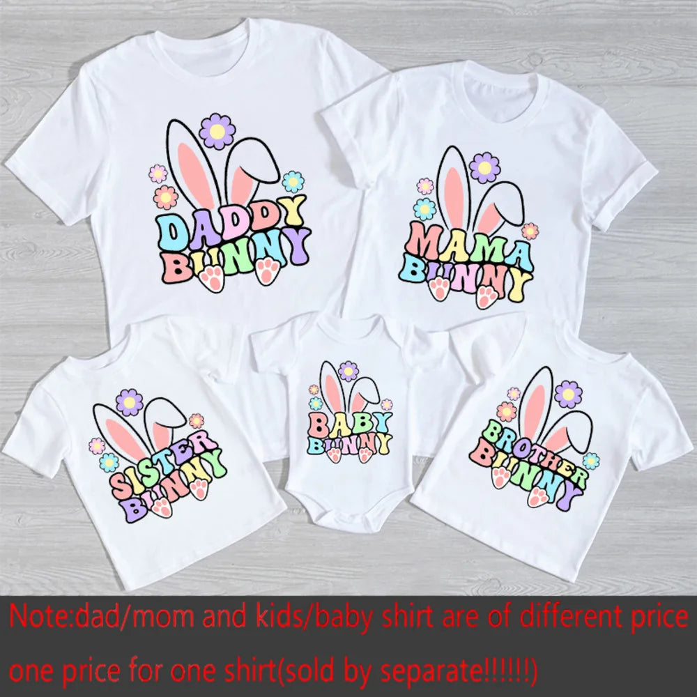Easter Family Matching Outfits – Dad, Mom, Sis, Bro & Baby Bunny Printed Shirts and Baby Bodysuit